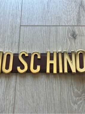 Moschino Brown Leather Logo Belt with Gold Hardware
